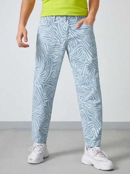 

men zebra striped print slant pocket jeans j7rl#, Blue