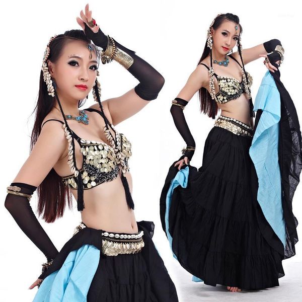 

ats 2018 new tribal belly dance clothes for women 4 pieces outfit set antique bronze beads bra belt skirts gypsy dance costumes1, Black;red