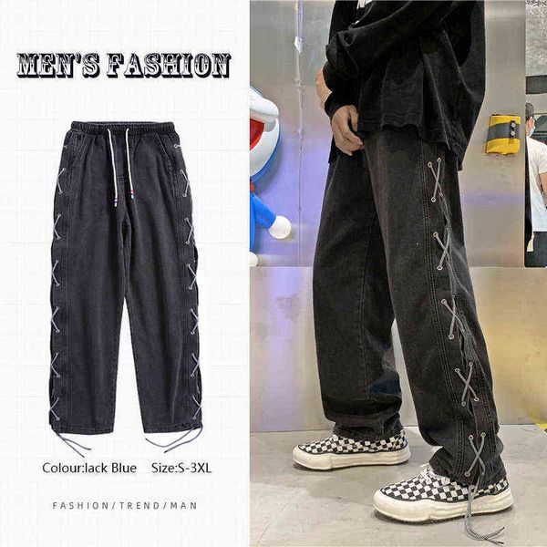 High Street Side Lace-up Y2K Black Jeans Men Fashion Loose Wide Large Hip-Hop Streetwear 0309
