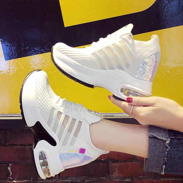 

women's wedges sneakers woman vulcanized shoes platform bling hollow out lace up fashion female shoe comfort breathable 2020 new lj2012, Black;white