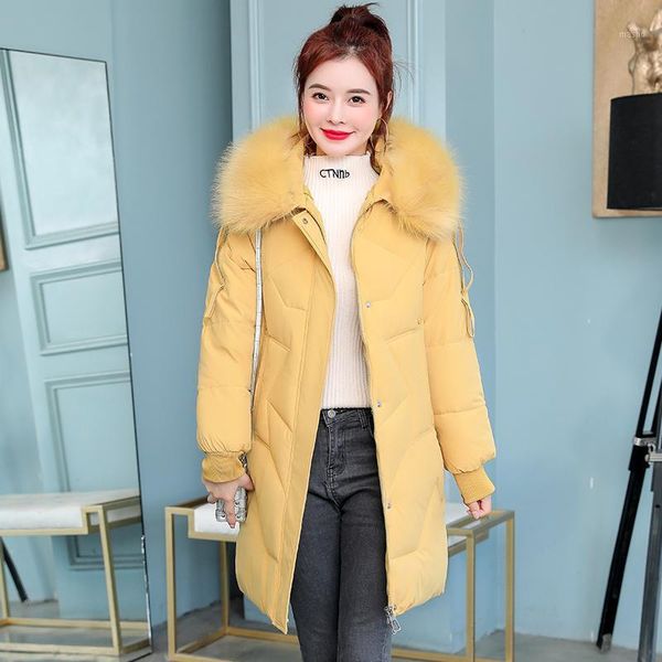 

women new casual solid office coat winter jacket medium long hooded parka with fur collar1, Black