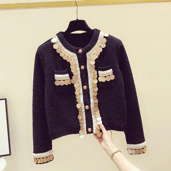 

sequined cardigan sweater elegant women knitwear 2020 autumn winter new loose multicolor long sleeve short knit coat sweaters1, White