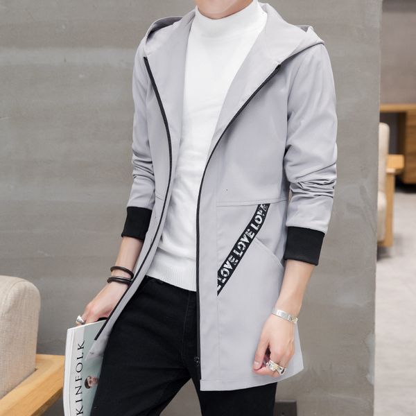 

autumn new hooded medium length jacket windbreaker casual large men's slim fit coat, Tan;black