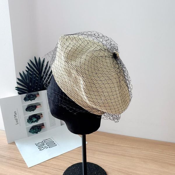 

natural straw lace beret women summer handmade crochet berets breathable sunscreen hat japanese painter cap, Blue;gray