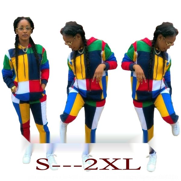 

px7is stitching women's casual printing contrast color plaid two-piece women's casual two-piece pants hood pants rope long sleeve, Gray