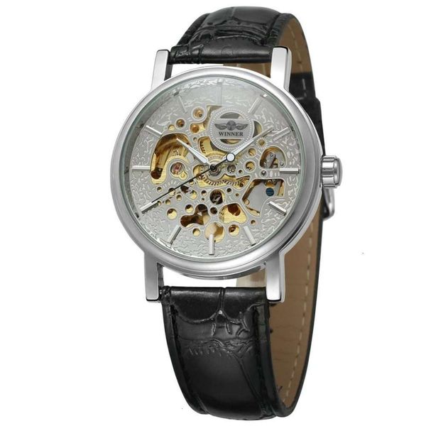 

winner fashion leisure automatic hollow mechanical belt men's watch, Slivery;brown