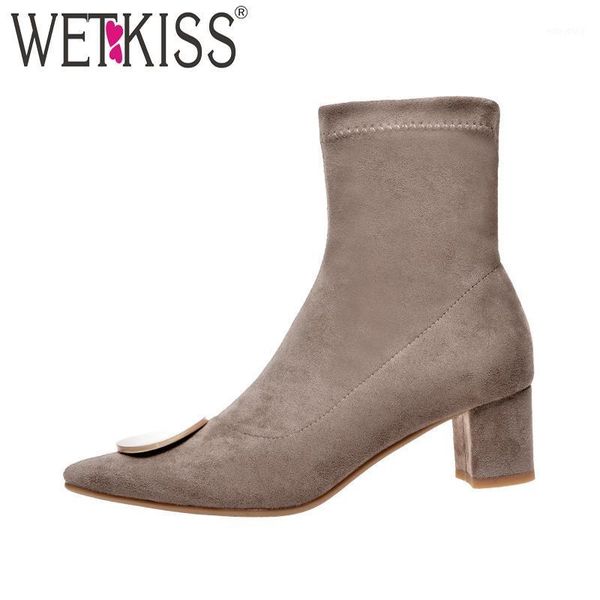

wetkiss stretch flock boots women buckle ankle booties female pointed toe shoes ladies fashion sock high heels shoes winter 20211, Black