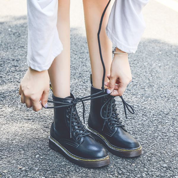 

2021 new size 35-42 plana platform women's shoes winter skin mode round foot lace-up leather boots ladies'shoes xy2c, Black