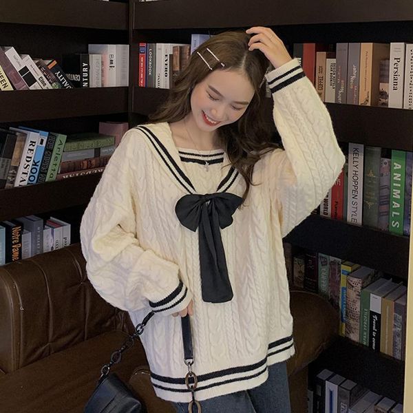 

autumn and winter new retro loose black and white contrast navy collar pullover knitted sweater for women, White;black