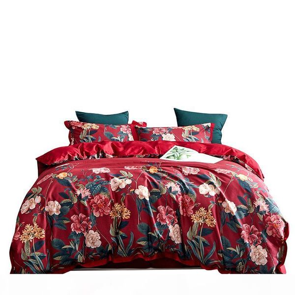 

4 piece bright red duvet cover set 100% cotton ropa de cama 60s sateen bed sheet flowers printed bedding sets  king size