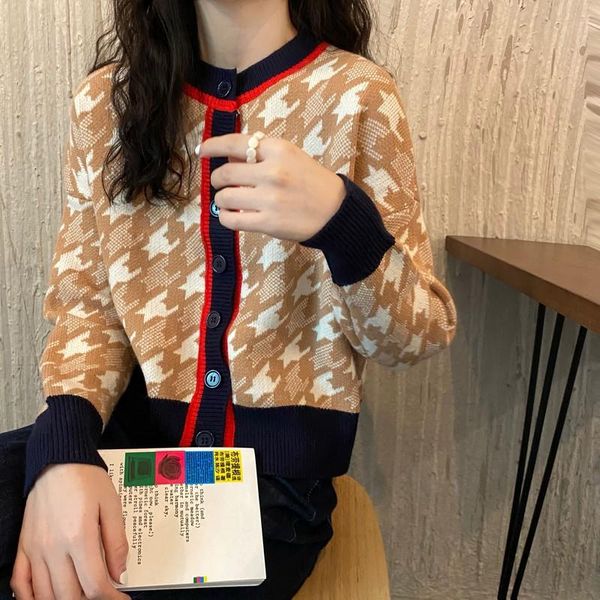 

women's knits & tees autumn sweater for women plaid casual single breasted knitted coat long sleeve cardigans outwear o-neck, White