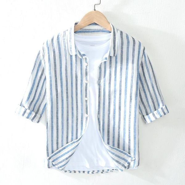 

japan style simple shirts for men colorful stripe cotton linen soft breathable shirts classical harajuku male business style, White;black