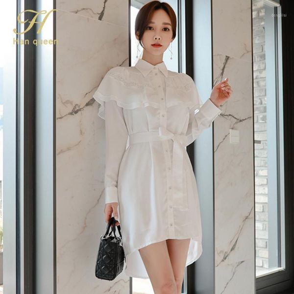 

h han queen white dress women's autumn ruffle lace-up korean casual dresses elegant single-breasted simple slim a-line vestidos1, Black;gray