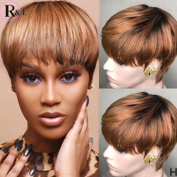 

lace wigs rulinda ombre colored front human hair 180% density short pixie cut brazilian remy with bangs 13x4, Black;brown