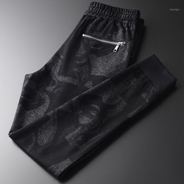 

luxury velvet yarn dyed elastic waist casual sport man pants fashion zipper pocket slim fit mens trousers 4xl1, Black