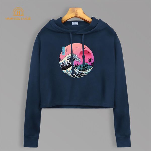 

the great retro wave japan anime crop hoodies brand vaporwave short style sweatshirts 2020 new autumn harajuku cropped pullovers, Black