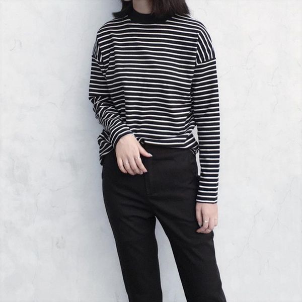 

women harajuku t shirt korean style crop turtleneck long sleeved striped female t shirt casual summer, White