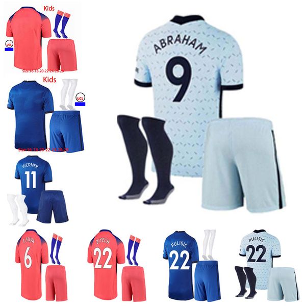 

20 21 home away soccer jersey ziyech pulisic werner kante havertz chilwell man + kids short sleeve suit sports shirt, Black;yellow
