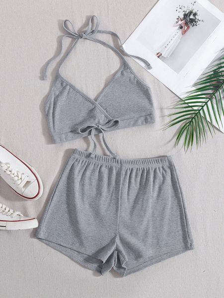 

ribbed knit knotted halter & shorts 24ru#, White