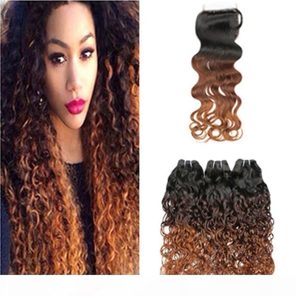

#1b 4 30 medium auburn ombre brazilian wet and wavy human hair 3bundles and closure 3tone ombre water wave lace closure piece 4x4, Black;brown