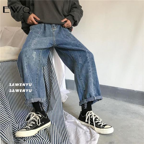 

ewq / moustache effect directly men's jeans 2020 spring new tide loose wide leg long pants denim trousers for male 9y0041, Blue