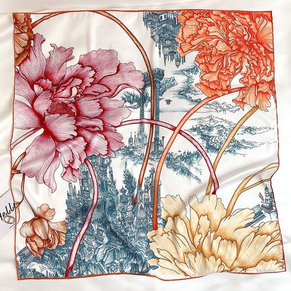 

new twilk silk scarf fashion print flower shawl large head wraps women bandana neckerchief female hijab female bag scarves 2020, Blue;gray
