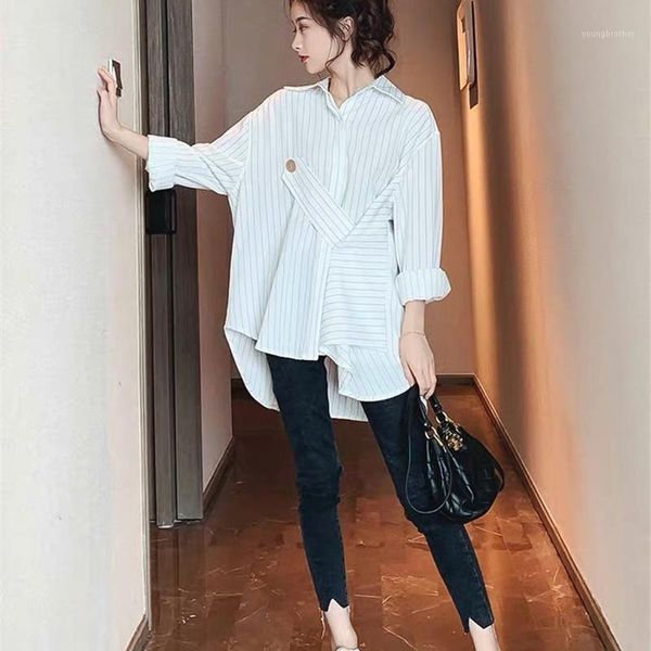 

women's blouses & shirts hstar women striped irregular shirt design korean lady temperament blouse button loose slim streetwear blusas1, White