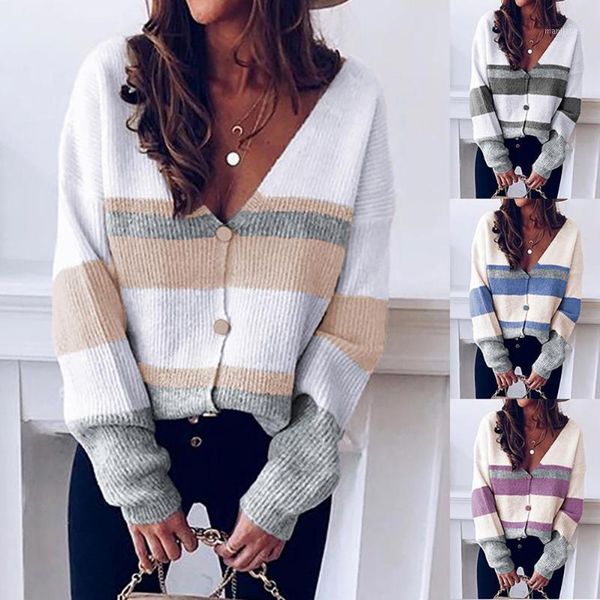 

autumn women's tracksuit coat women autumn long sleeve striped color block buttons knitted sweater cardigan1, White