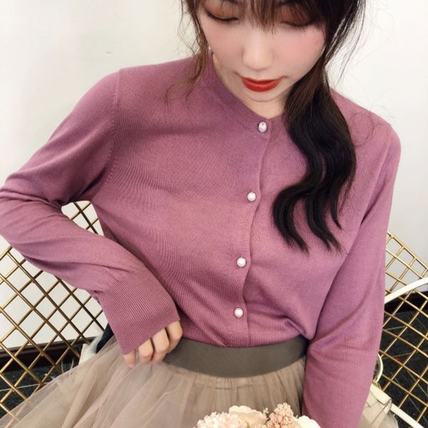 

esaja jinyazi new autumn winter pearlpearlpearl s family simple round versatile and neck pearl button solid color cardigan 20432 2020 pearl, White;black