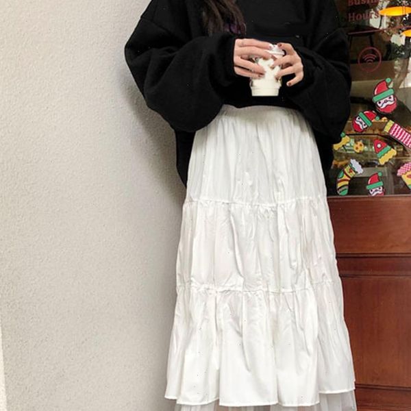 

fashion white color women a line pleated tulle elastic high waist party long maxi casual skirt, Black