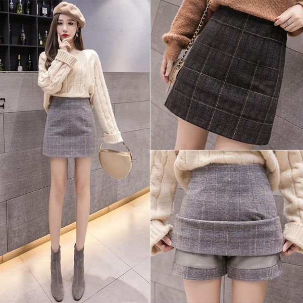 

autumn winter new korean version of high-waisted slim women plaid woolen cloth fashion contracted skirt a - line wrap hip skirt, Black