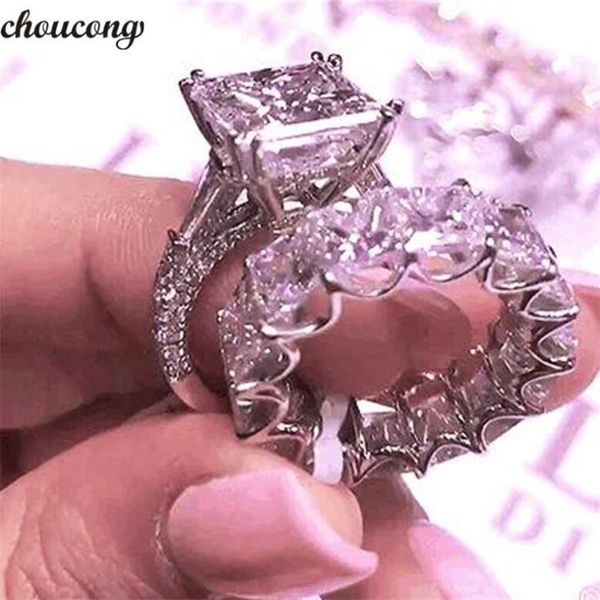 

choucong brand new couple rings luxury jewelry 925 sterling silver princess cut white z large diamond women wedding bridal ring set gift, Slivery;golden