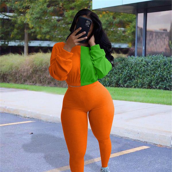 

color block patchwork 2 piece tracksuit sets long sleeve hoodies outfits women crop sweater legging pants sportswear rib cloth f92905, White