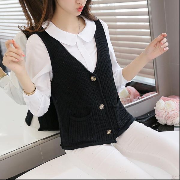 

women cardigan vest 2021 autumn winter fashion knitted v neck sleeveless women sweaters casual pockets short vest waistcoat, White;black