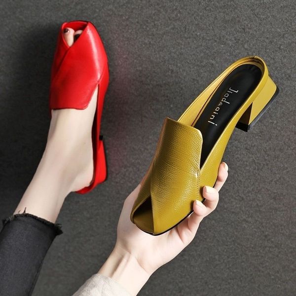 

designer shoes 2021 web celebrity 4cm thick heel semi-slippers women wearing stylish flip-flops with leather flops mueller party, Black