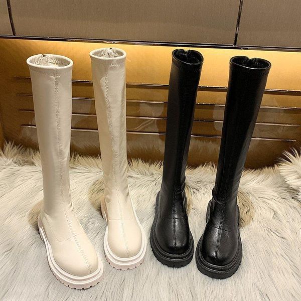 

2020 knee high boots women shoes leather platform riding boots black flat over the knee gothic shoes beige round toe