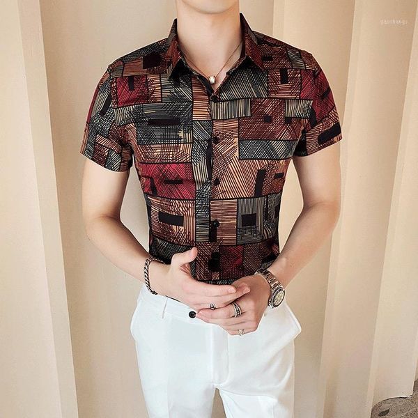 

irregular plaid printing slim short sleeve shirt men new summer casual slim fit dress short sleeve business social chemise homme1, White;black