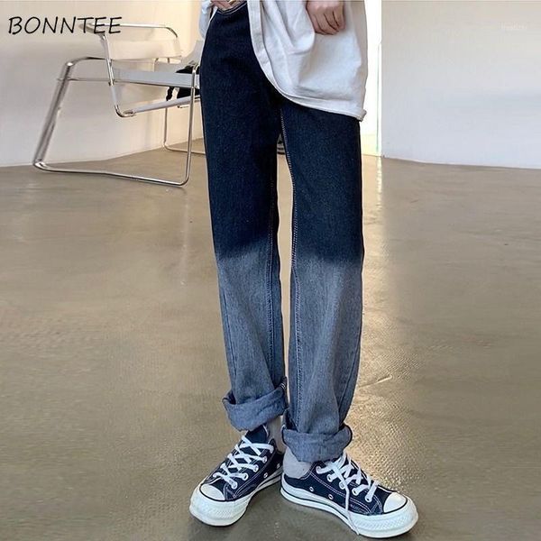 

women jeans autumn ins chic gradient denim trousers panelled personal female loose high waist straight simple korean style new1, Blue
