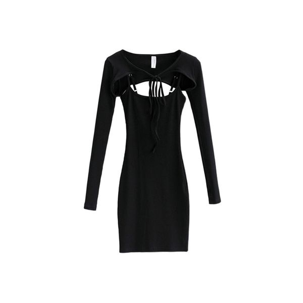 

2021 new thin all-match tight long sleeve vest two girls high elastic suit black dress 6ruw, Black;gray