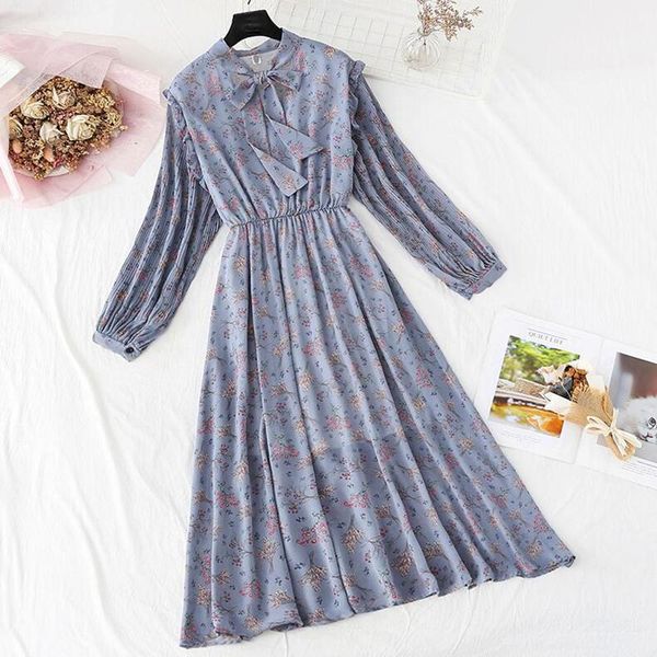 

elegant o-neck ruffles women dress elastic waist print chiffon dress 2020 spring vintage long sleeve bow midi vestidos1, Black;gray