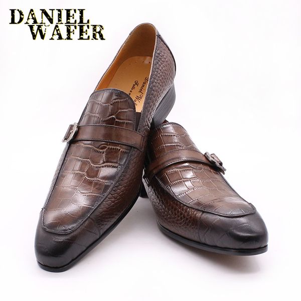 

luxury leather casual dress black coffee alligator prints mook strap slip on pointed toe men shoes loafers, Red;white