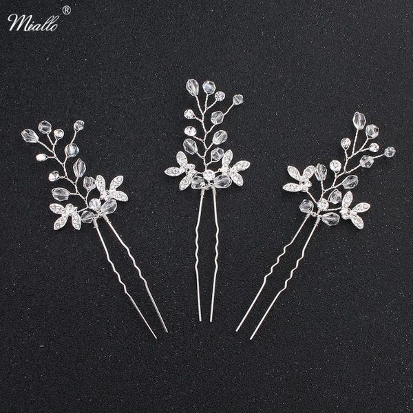

miallo 3pcs/lot fashion wedding hairpins rhinestone hair forks for women silver color bride hair jewelry accessories hairpieces, Golden;silver
