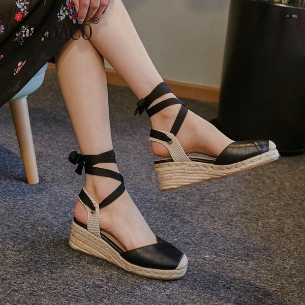 

sandals women wedge platform leather summer shoes ankle strap 6cm1, Black