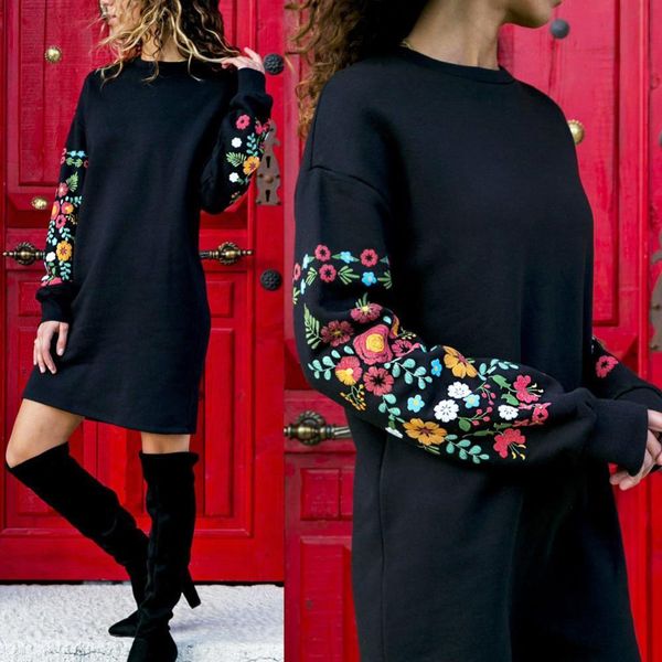 

dress women's winter women casual long sleeve floral printing sweatshirt party mini dress(nylon, polyester, spandex) plus size, Black;gray
