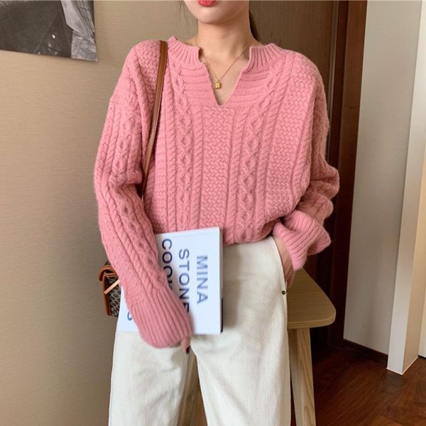 

peonfly elegant 2020 autumn oversized sweater women solid loose knitted pullovers women long sleeve female jumper pink green, White;black