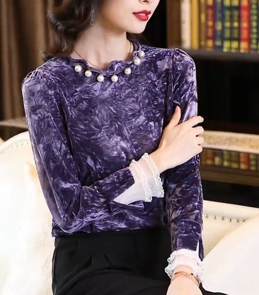 

qbiuz purple shirtwomen's autumn shirtlace velvet spring and 2020 new fashion foreign style lace stitching long sleeve with bottom up, White