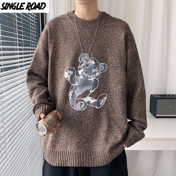 

singleroad mens knitted sweater men 2020 winter printed anime harajuku jumper korean style oversized pullover brown sweater men1, White;black