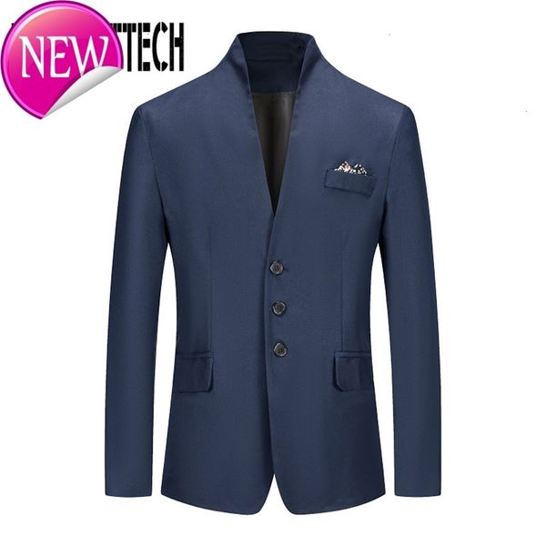 

mens vintage blazer coats chinese style business dress blazers casual stand collar jackets male slim fit suit jacket, Black