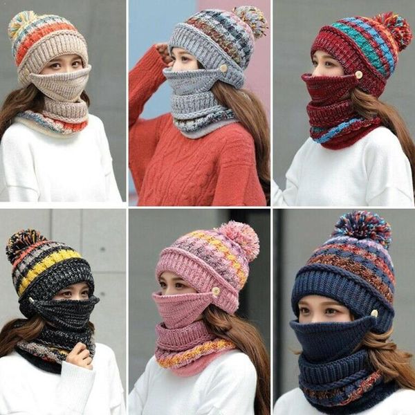 

3pcs/set winter cap woman pompon knitted hat neck mask neckwarmer beanies winter pom scarves cap warm mask women pom pl r1b2, Blue;gray
