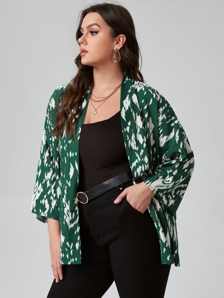 

plus allover print open front chiffon kimono a9co#, Black